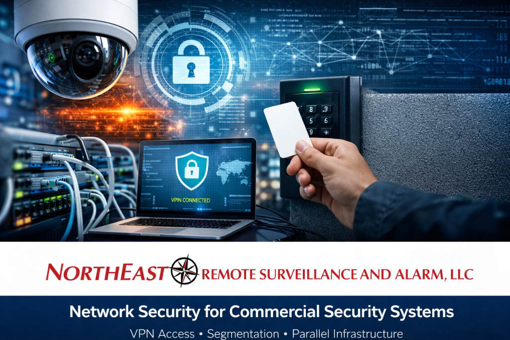Branded commercial security network image showing a surveillance camera, server rack, VPN-connected laptop, access control keypad, and Northeast Remote Surveillance and Alarm, LLC logo.