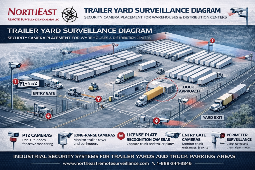Trailer yard surveillance diagram showing security camera placement for warehouse trailer parking areas, truck yards, entry gates, loading docks, and perimeter fencing at distribution centers.