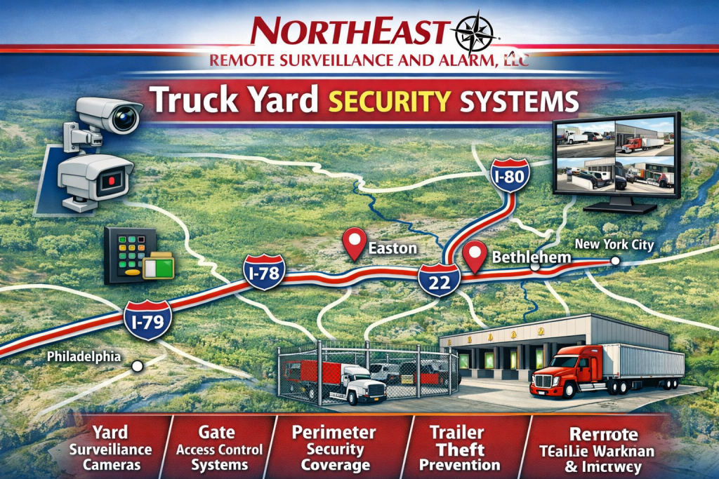 Branded truck yard security systems map showing Easton, Bethlehem, Philadelphia, I-78, Route 22, I-80, truck yard fencing, surveillance cameras, access control, trailers, and warehouse security coverage.