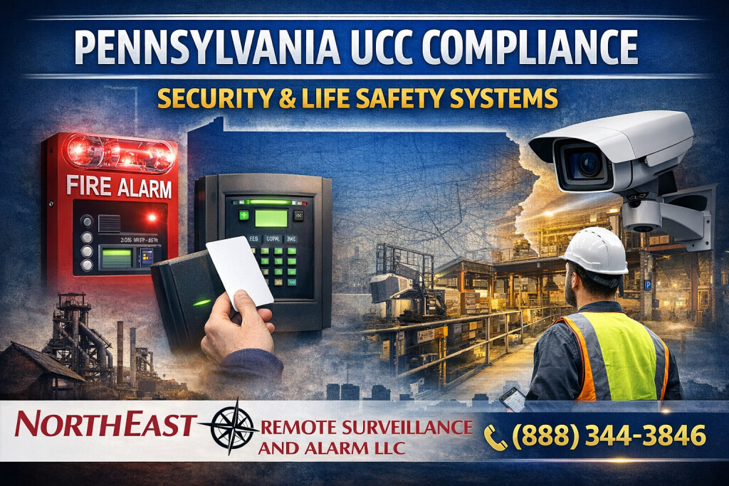 Pennsylvania UCC compliance graphic showing fire alarm panel, access control reader, industrial security camera, and manufacturing facility with Northeast Remote Surveillance and Alarm LLC logo and phone number.