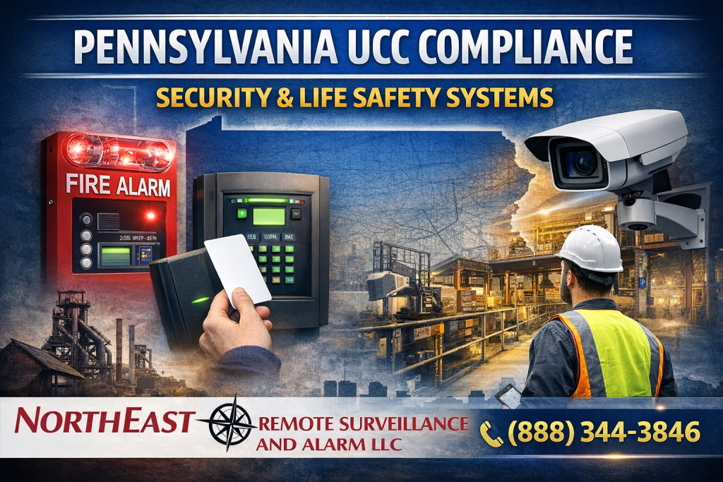 Pennsylvania UCC compliance graphic showing fire alarm panel, access control reader, industrial security camera, and manufacturing facility with Northeast Remote Surveillance and Alarm LLC logo and phone number.
