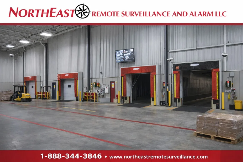 Interior warehouse loading dock surveillance cameras monitoring dock doors, forklift activity, and trailer loading zones.