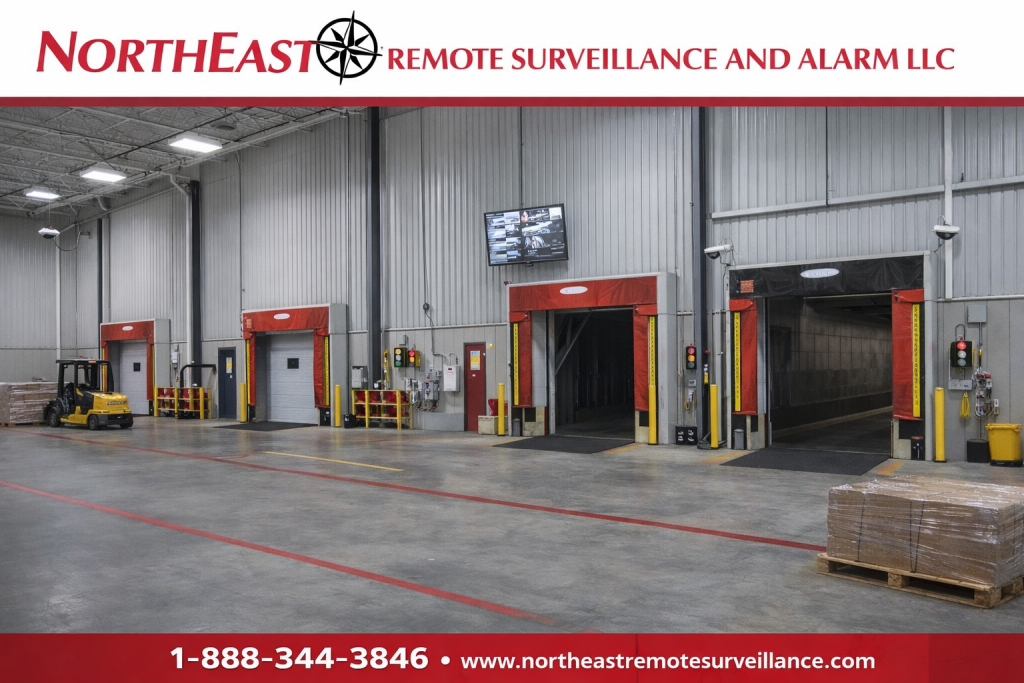 Interior warehouse loading dock surveillance cameras monitoring dock doors, forklift activity, and trailer loading zones installed by Northeast Remote Surveillance and Alarm, LLC.