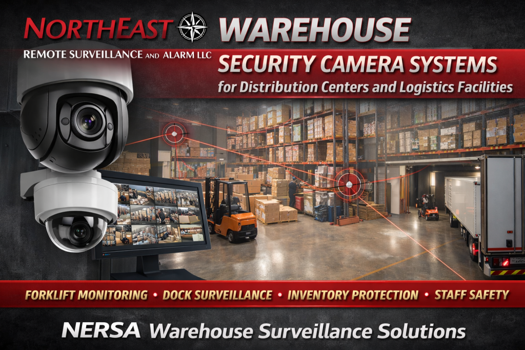 Warehouse security camera system monitoring forklifts, pallet storage aisles, and loading dock operations inside a distribution center using industrial surveillance cameras.