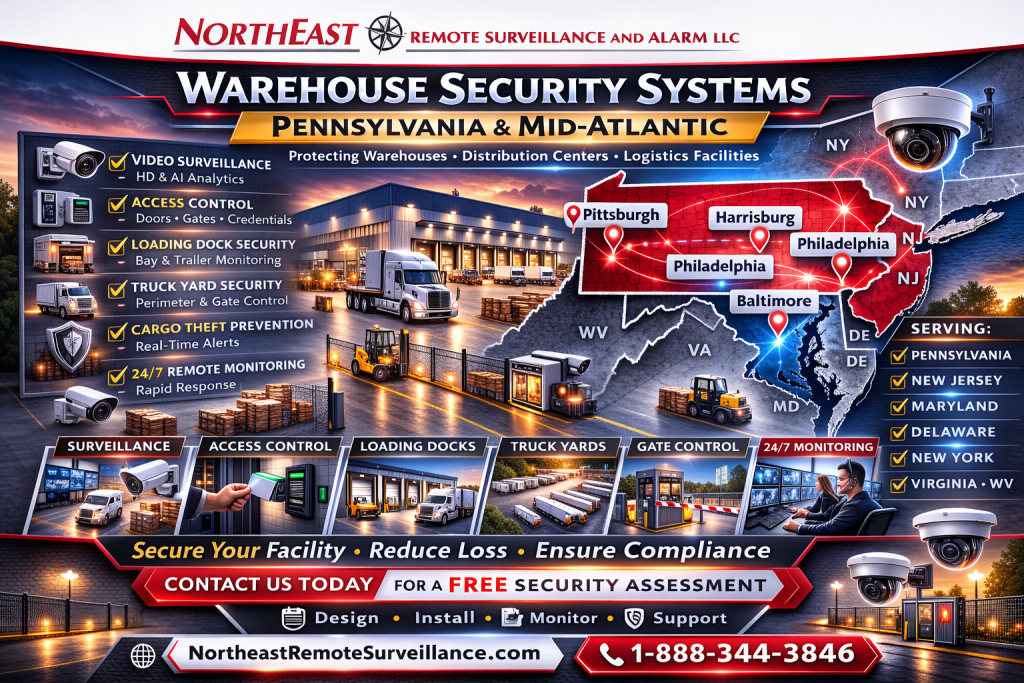 Warehouse and logistics security systems showing loading dock cameras, trailer yard security, access control, warehouse alarm protection, remote monitoring, truck traffic, cargo protection, and Northeast Remote Surveillance and Alarm, LLC branding.