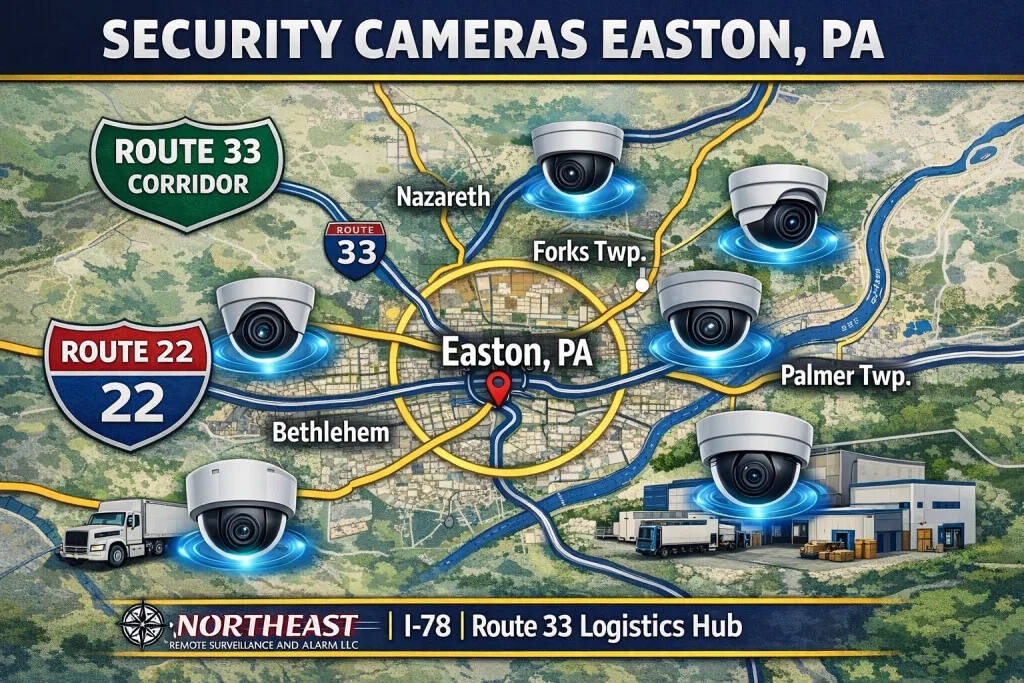 Branded commercial and industrial video surveillance image for Easton, PA showing security cameras monitoring entrances, parking areas, loading zones, and operational areas at a business property.