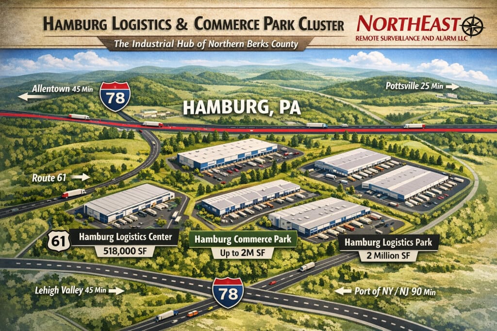 Map of Hamburg Pennsylvania showing Hamburg Logistics Center, Hamburg Commerce Park, and Hamburg Logistics Park along I-78 and Route 61 in Berks County with NERSA branding