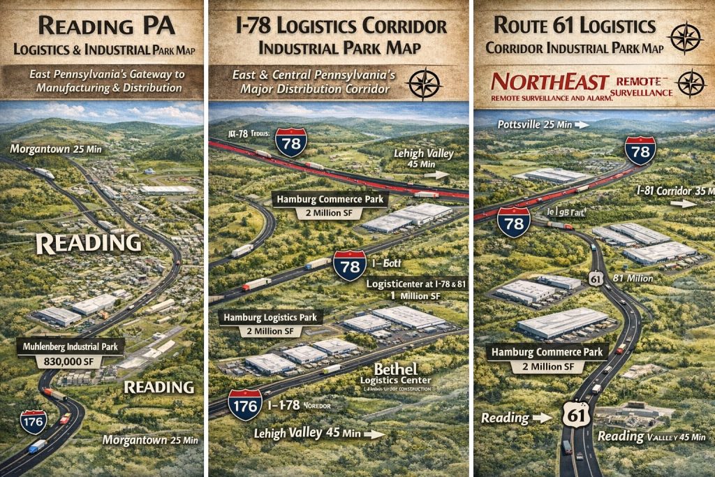 Map of Hamburg Pennsylvania showing Hamburg Logistics Center, Hamburg Commerce Park, and Hamburg Logistics Park along I-78 and Route 61 in Berks County with NERSA branding