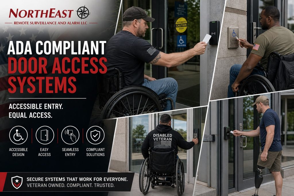 ADA compliant door access system showing disabled veterans using keycard readers, push-to-open buttons, and accessible commercial entrances with Northeast Remote Surveillance and Alarm branding.