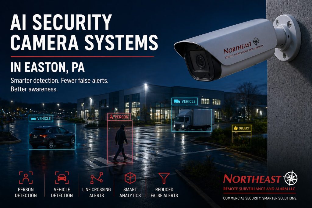AI security camera system in Easton PA showing smart surveillance analytics detecting people, vehicles, and objects in a commercial parking lot at night with Northeast Remote Surveillance and Alarm branding.