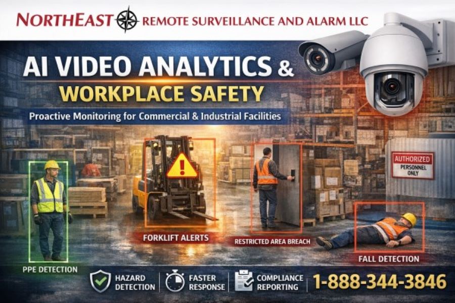 workplace safety graphic for Northeast Remote Surveillance and Alarm, LLC showing AI video analytics detecting PPE compliance, forklift and pedestrian conflict risk, restricted-area entry, and safety alerts in a commercial industrial facility.
