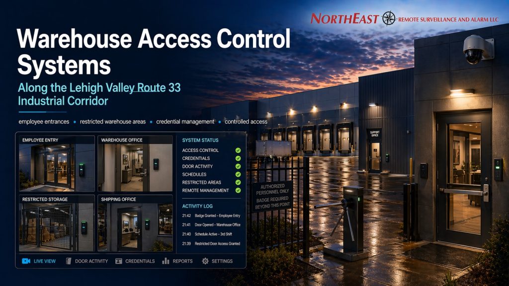 Hero image showing warehouse access control along the Lehigh Valley Route 33 industrial corridor with secured employee entrances, badge readers, restricted warehouse areas, controlled doors, perimeter fencing, and Northeast Remote Surveillance and Alarm LLC branding.