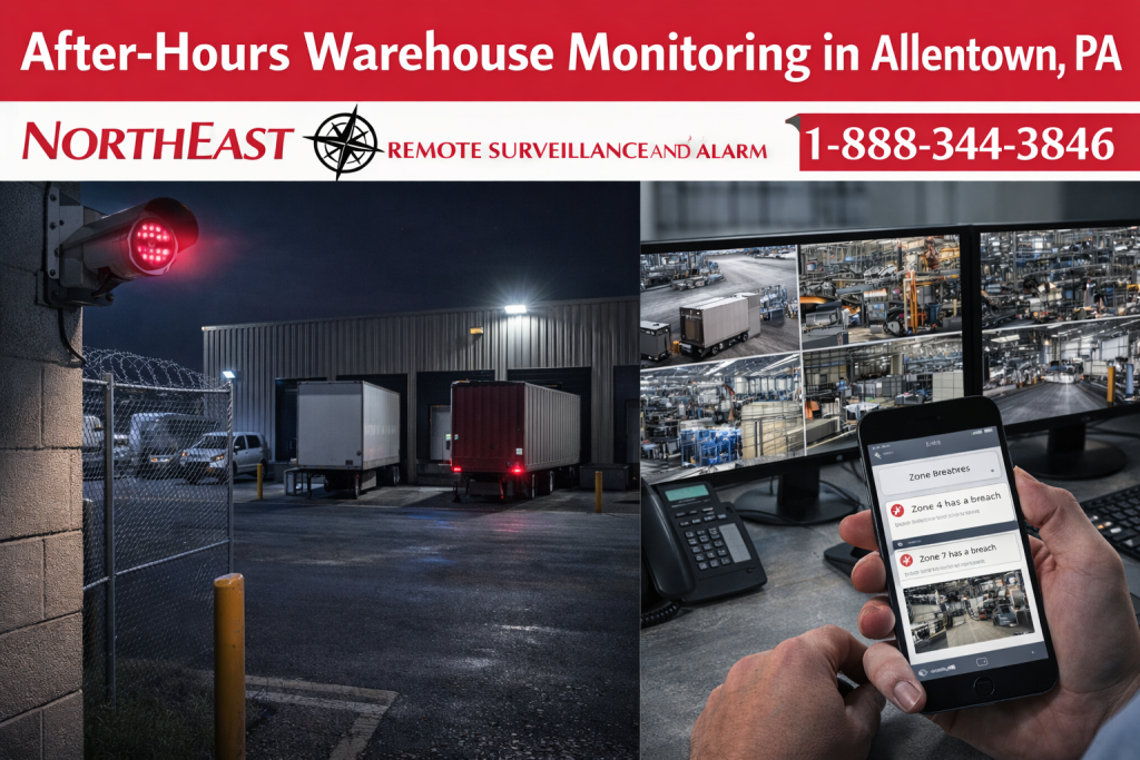 After-hours warehouse monitoring in Allentown, PA showing docked trailers, exterior security camera coverage, live surveillance screens, mobile alert notifications, and Northeast Remote Surveillance and Alarm branding.