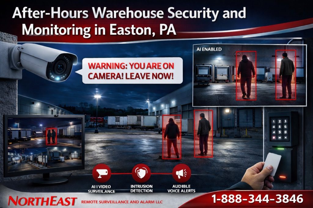 After-hours warehouse security and monitoring in Easton PA with loading docks cameras intrusion detection and trailer areas