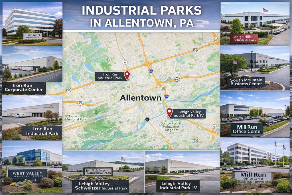 Industrial park security systems in Allentown, PA showing warehouse, flex, and business park properties with shared parking areas, service lanes, tenant entrances, and Northeast Remote Surveillance and Alarm branding.