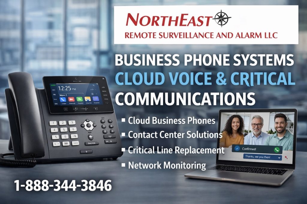Business phone systems and critical communications showing cloud voice desk phones, video meetings, business texting, contact center tools, ePOTS line replacement, IP fax, network monitoring, and Northeast Remote Surveillance and Alarm, LLC branding.