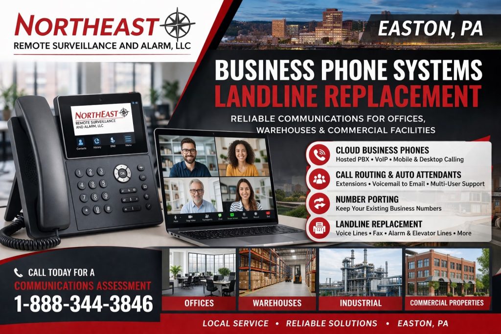 Branded graphic for Northeast Remote Surveillance and Alarm LLC showing a business desk phone, laptop video call, and Easton business phone systems and landline replacement services