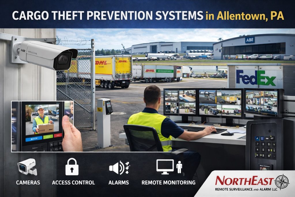 Branded cargo theft prevention systems image showing ABE airport freight hangars, cargo trailers, security cameras, access control, and remote monitoring in Allentown, PA