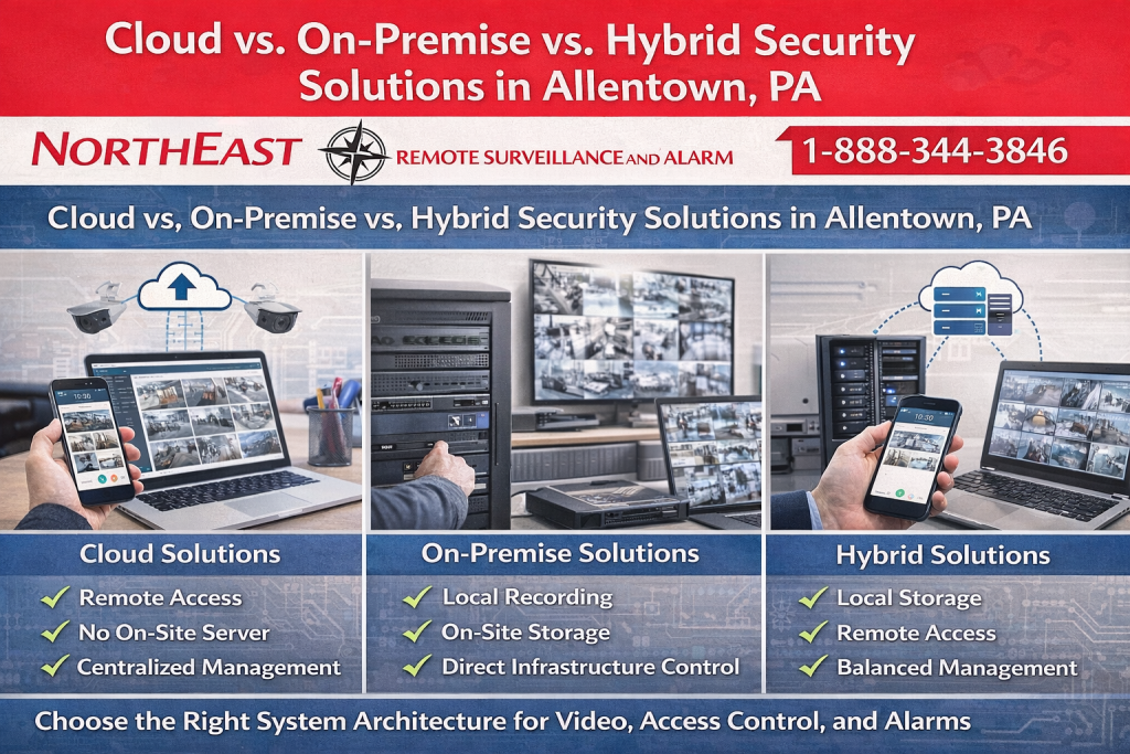 Branded comparison graphic showing cloud, on-premise, and hybrid security solutions in Allentown, PA with remote access, local recording, centralized management, and balanced system architecture for video, access control, and alarms.