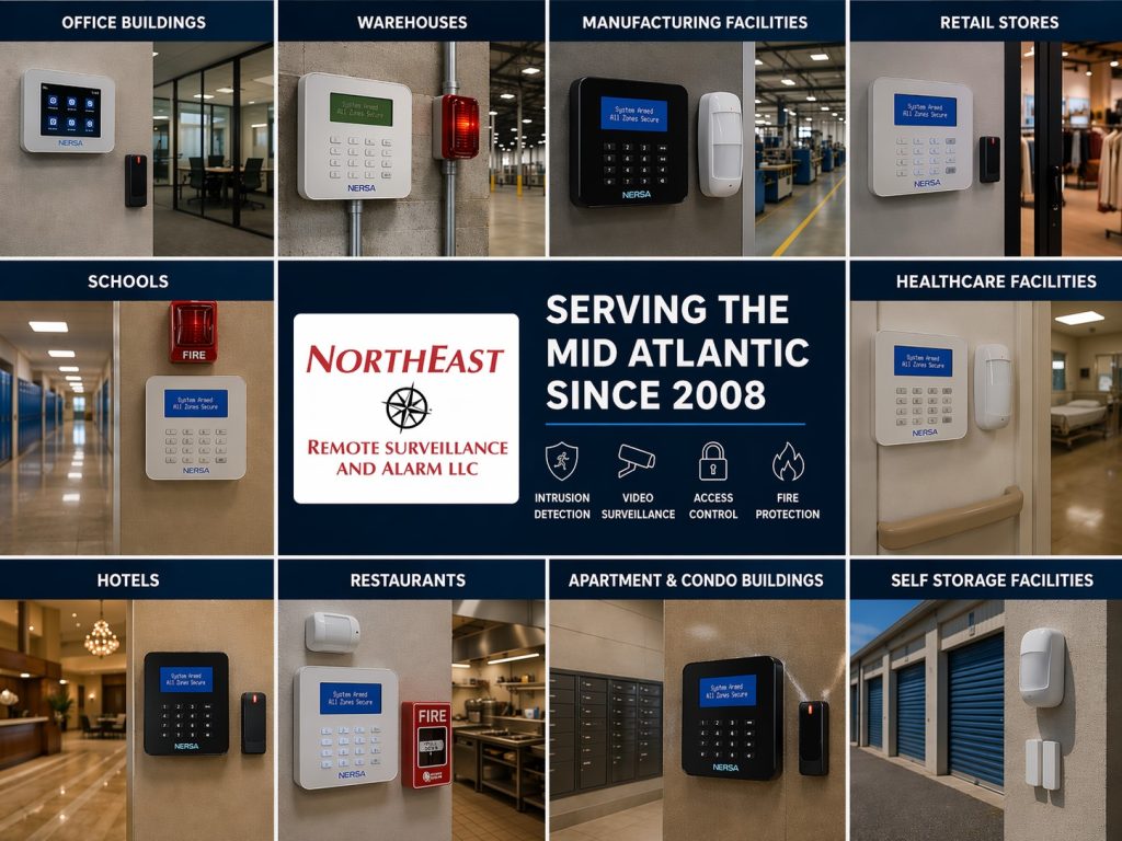 commercial and industrial alarm systems across NERSA vertical markets, including office buildings, warehouses, manufacturing facilities, retail stores, schools, healthcare facilities, hotels, restaurants, apartment and condo buildings, and self-storage facilities, with the NERSA logo and “Serving the Mid Atlantic Since 2008” text in the center.