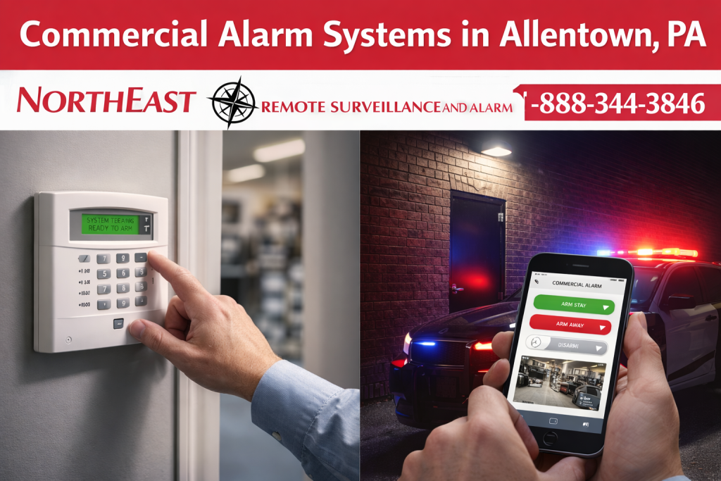 Commercial intrusion alarm systems in Allentown, PA showing an alarm keypad being armed, mobile alarm control, commercial building emergency lighting, intrusion detection, and Northeast Remote Surveillance and Alarm, LLC branding.