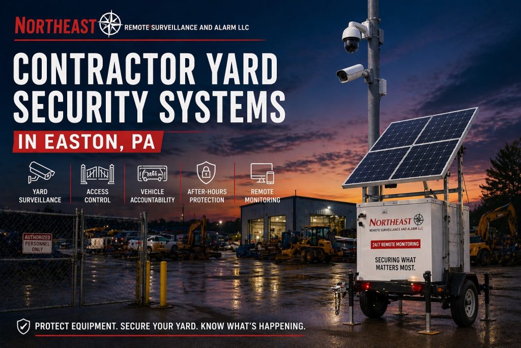 Contractor yard security system in Easton PA showing solar surveillance trailer, security cameras, access gate, equipment yard, and after-hours monitoring for commercial property protection.