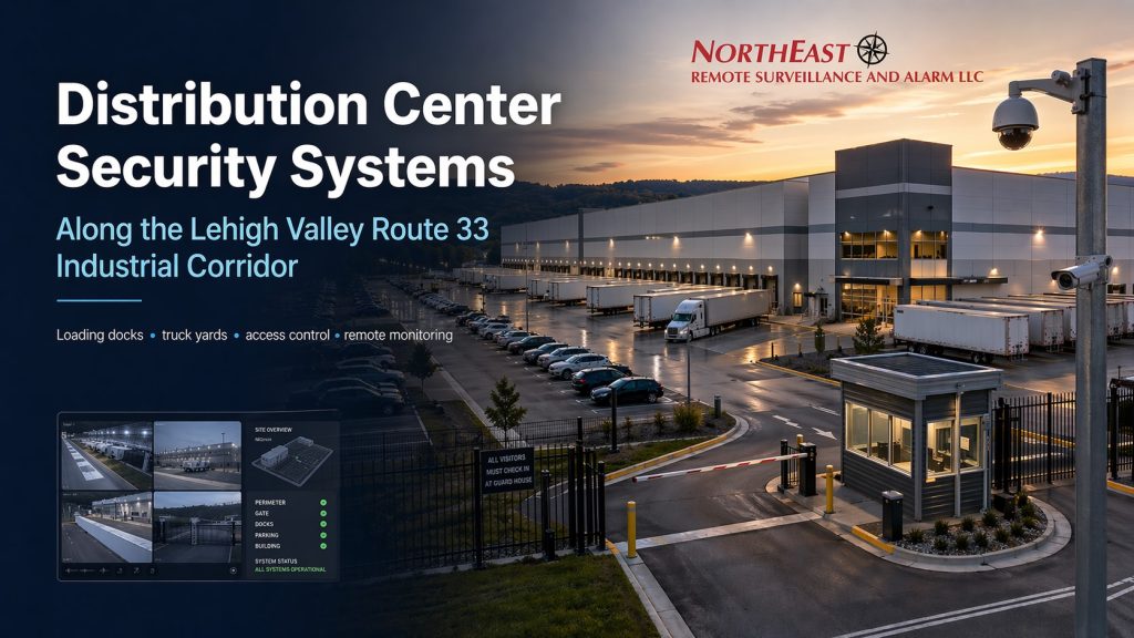 Hero image showing a secured Lehigh Valley Route 33 distribution center with loading docks, tractor-trailers, guard gate, perimeter fencing, security cameras, and Northeast Remote Surveillance and Alarm LLC branding.