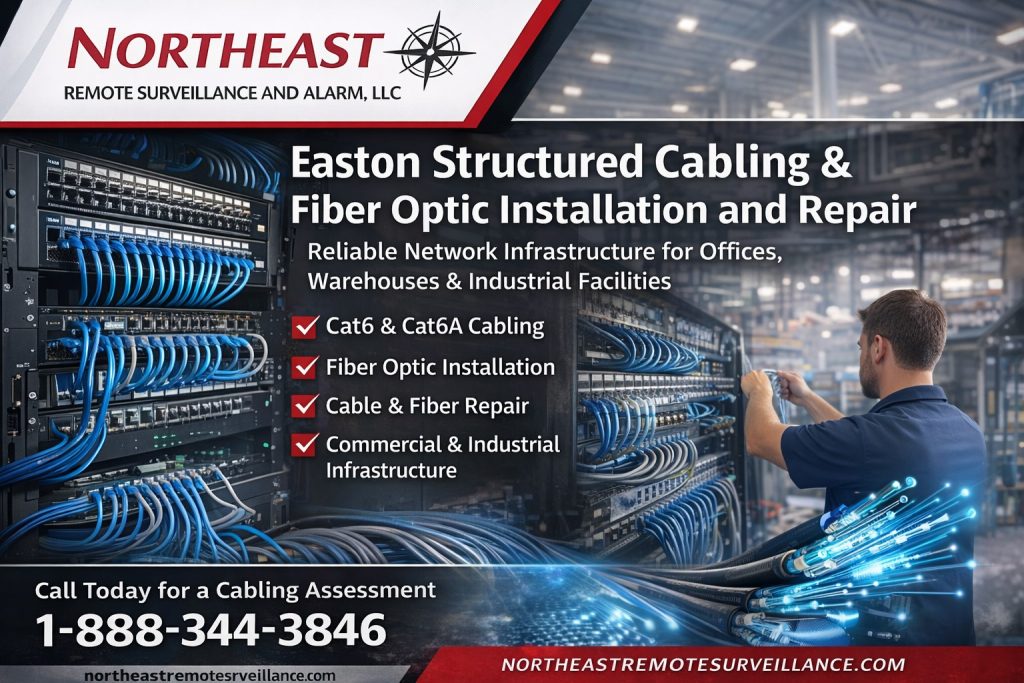 Branded graphic for Northeast Remote Surveillance and Alarm LLC showing network racks, blue data cabling, fiber optic lines, and a technician for Easton structured cabling and fiber optic installation and repair