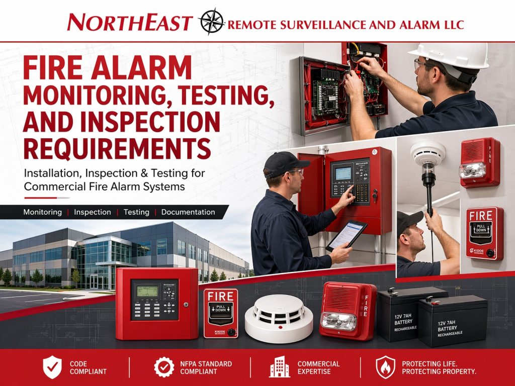 Branded collage showing commercial fire alarm installation, inspection, and testing with technicians working on fire alarm panels, smoke detector testing, notification devices, pull station, backup batteries, and a commercial building.