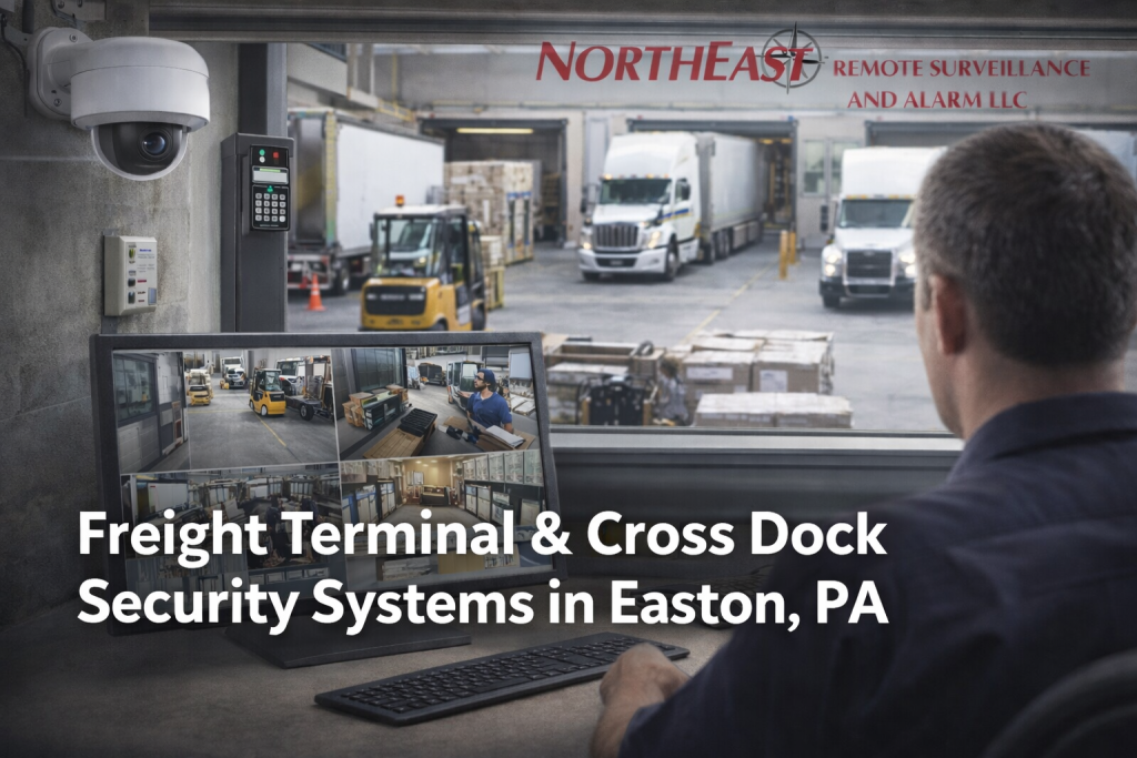 Branded freight terminal and cross dock security image for Easton, PA showing multiple loading bays, trucks, forklift activity, surveillance cameras, access control, and a security operator monitoring live camera feeds.