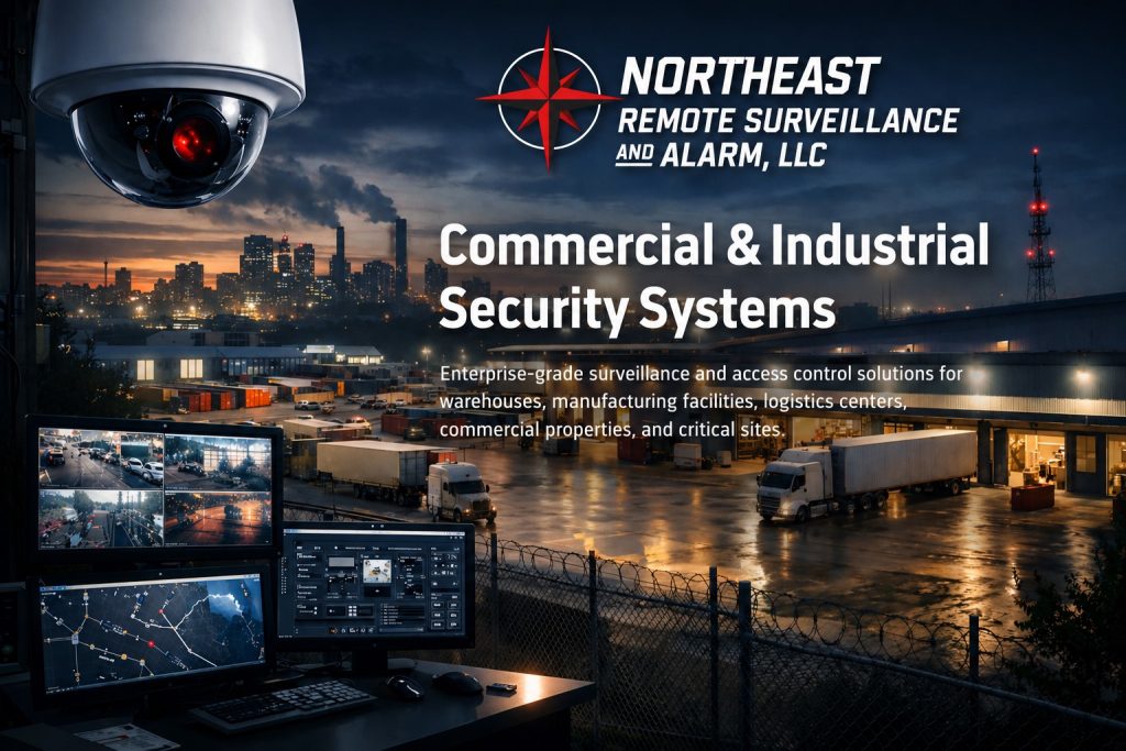 Northeast Remote Surveillance and Alarm service area map covering Pennsylvania and the Mid-Atlantic for commercial and industrial security systems.