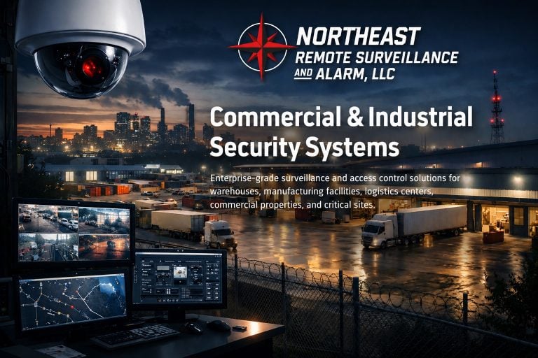 NERSA commercial and industrial security: surveillance camera, security monitors, and an industrial facility.
