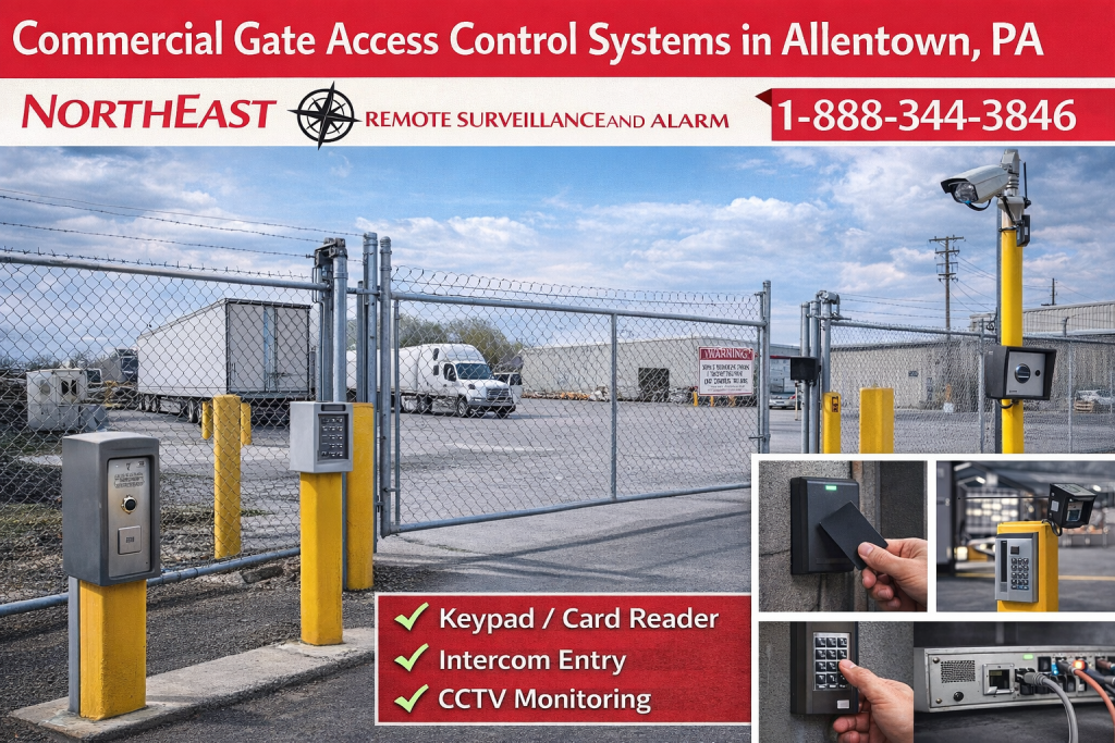 Commercial gate access control system in Allentown, PA with sliding gate, credential reader, video intercom, vehicle detection and camera verification.