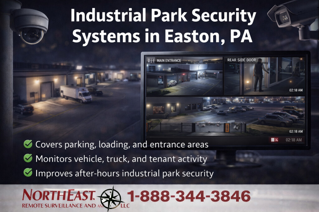 Industrial park security systems in Easton PA showing cameras, parking areas, loading zones, gated access, tenant entrances, shared roads, and monitored commercial-industrial activity for Northeast Remote Surveillance and Alarm, LLC.