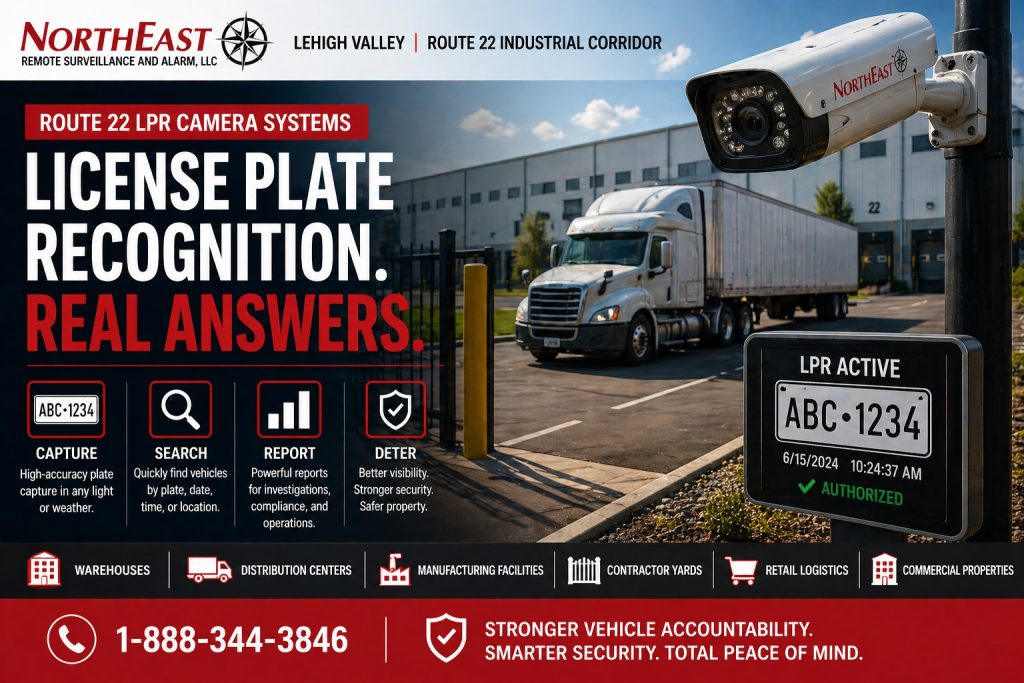 License plate recognition camera system along the Lehigh Valley Route 22 Industrial Corridor showing truck entrance, warehouse loading area, LPR camera, vehicle plate capture display, and commercial property security.