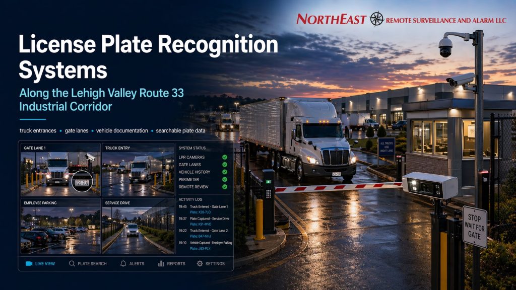 Hero image showing a secured industrial truck entrance along the Lehigh Valley Route 33 industrial corridor with license plate recognition cameras, gate lanes, barrier arms, truck traffic, perimeter fencing, and Northeast Remote Surveillance and Alarm LLC branding.