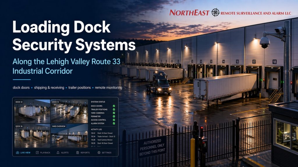 Hero image showing secured loading docks along the Lehigh Valley Route 33 industrial corridor with docked trailers, shipping and receiving areas, security cameras, perimeter fencing, controlled gate access, and Northeast Remote Surveillance and Alarm LLC branding.