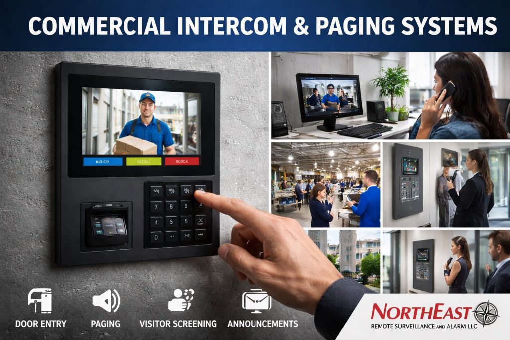 Commercial intercom and paging systems in Allentown, PA showing a video intercom, keypad entry station, visitor screening, warehouse paging speaker, and Northeast Remote Surveillance and Alarm branding.