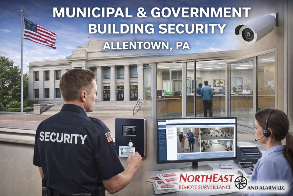 Municipal and government building security systems in Allentown, PA showing controlled public entry, staff-only access control, surveillance cameras, service counter visibility, records-area protection, and Northeast Remote Surveillance and Alarm branding.