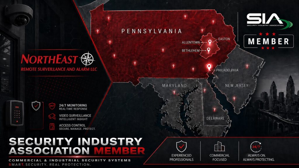 Security Industry Association Member Service Area Map | Northeast Remote Surveillance and Alarm LLC Northeast Remote Surveillance and Alarm LLC Security Industry Association member hero image showing a Mid-Atlantic commercial security service area map highlighting Pennsylvania, Allentown, Bethlehem, Easton, Philadelphia, New Jersey, Delaware, and Maryland, with NERSA red, white, and black branding.