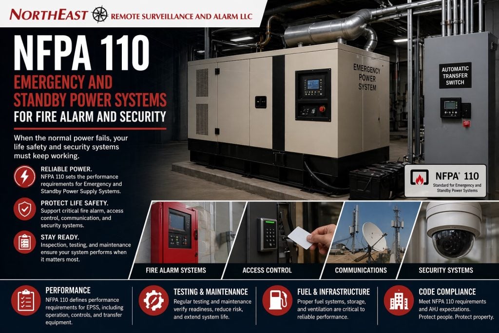 Branded NFPA 110 graphic showing an emergency generator, automatic transfer switch, backup batteries, fire alarm panel, access control reader, communications equipment, and security camera representing standby power for fire alarm and security systems.