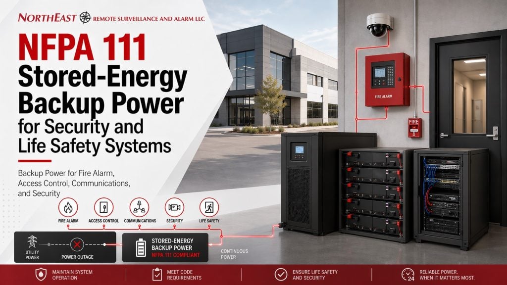 Branded NFPA 111 graphic showing stored-energy backup power equipment supporting fire alarm, access control, communications, security systems, and life-safety infrastructure at a commercial facility.