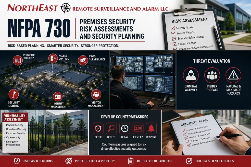 NFPA 730 security planning graphic showing facility risk assessment, perimeter security, access control, video surveillance, threat evaluation, vulnerability assessment, monitoring, and security plan development for commercial properties.