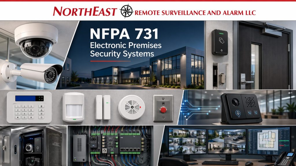 Branded NFPA 731 collage showing electronic premises security system devices including surveillance cameras, access control door hardware, alarm keypad, motion detector, door contact, panic button, intercom, security control panel, and monitoring workstation.