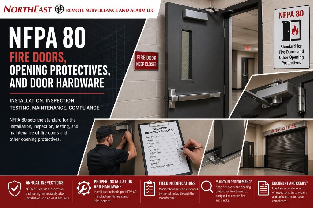Branded NFPA 80 fire door compliance graphic showing a rated fire door, door closer, inspection checklist, technician adjusting hardware, rolling fire door, and signage for installation, inspection, testing, maintenance, and code compliance.