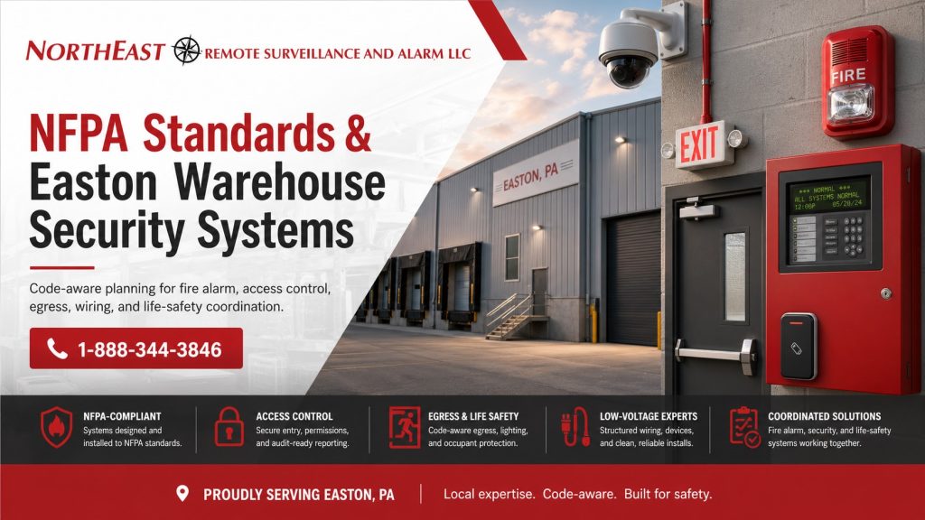 NFPA standards and Easton warehouse security hero image showing a warehouse, fire alarm panel, exit door, access control reader, surveillance camera, and life safety coordination.