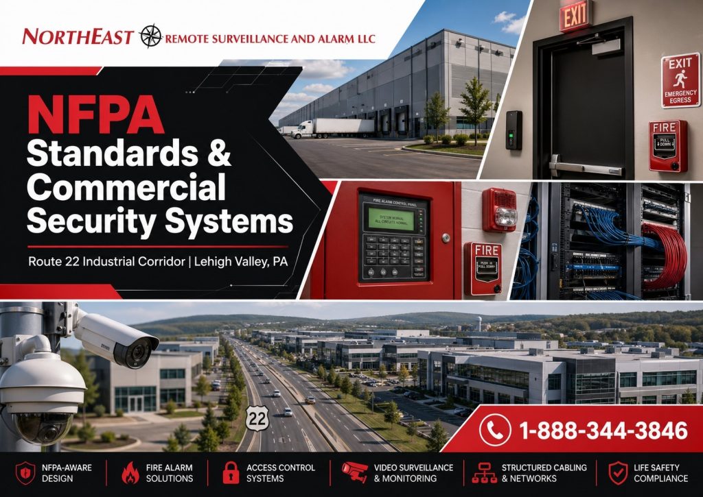 NFPA standards and commercial security systems hero image showing Route 22 corridor warehouses, fire alarm equipment, emergency egress doors, low-voltage cabling, surveillance cameras, access control, and Northeast Remote Surveillance and Alarm