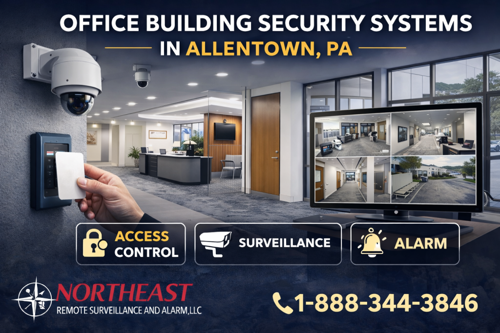 Office building security systems in Allentown, PA showing card-reader access control, surveillance cameras, lobby monitoring screens, alarm protection, and Northeast Remote Surveillance and Alarm branding.