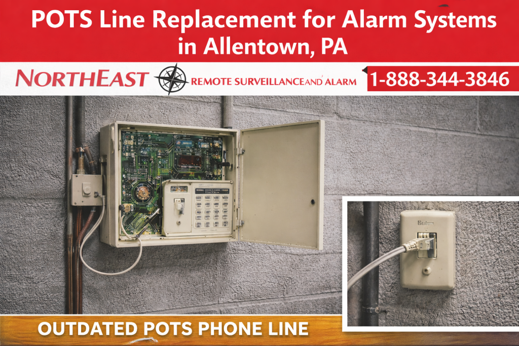 POTS line replacement for alarm systems in Allentown, PA showing an outdated analog phone line connection, legacy alarm control panel, alarm communicator upgrade, and Northeast Remote Surveillance and Alarm, LLC branding.