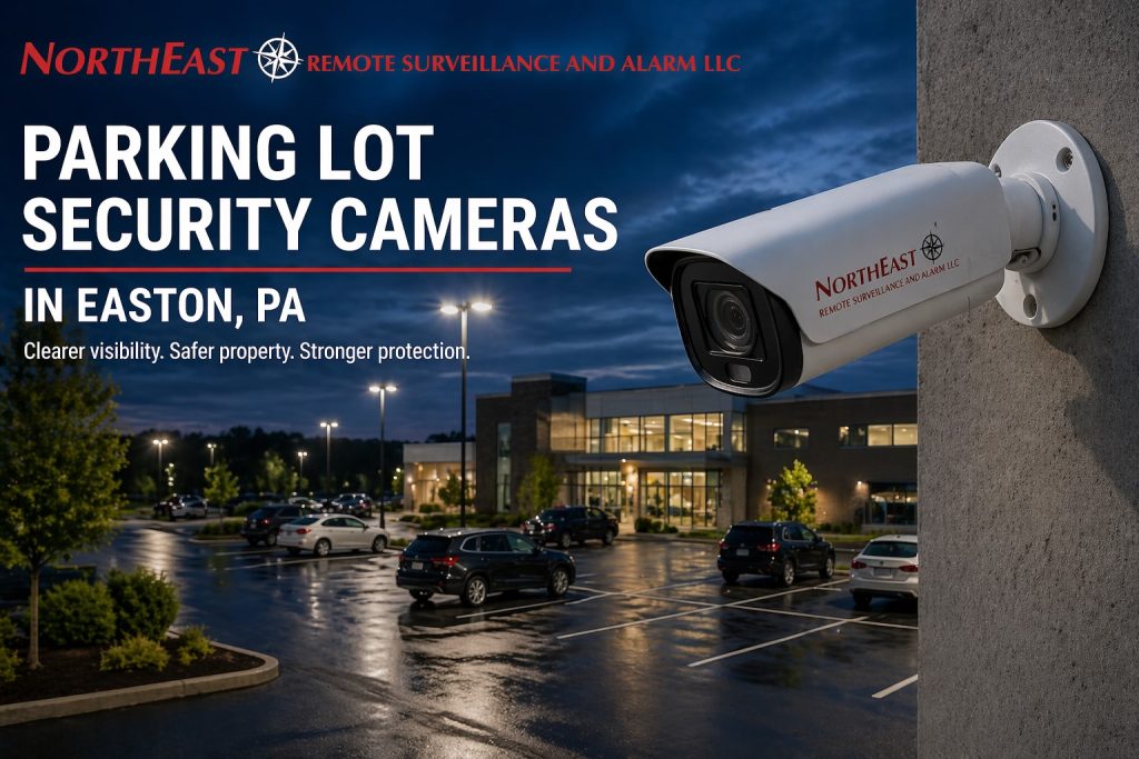 Parking lot security cameras in Easton, PA showing a commercial building parking area at night with surveillance camera coverage, exterior lighting, parked vehicles, and Northeast Remote Surveillance and Alarm, LLC branding.